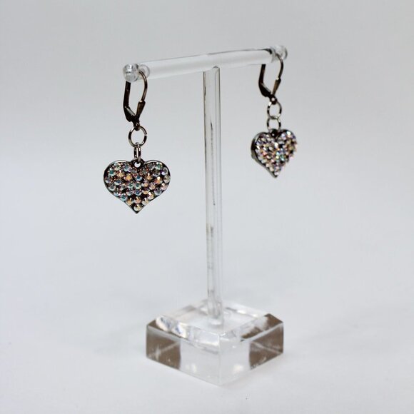 Earrings MARKED 925 STERLING SILVER Pierced Dangle Leverback Heart Rhinestone - Picture 3 of 12